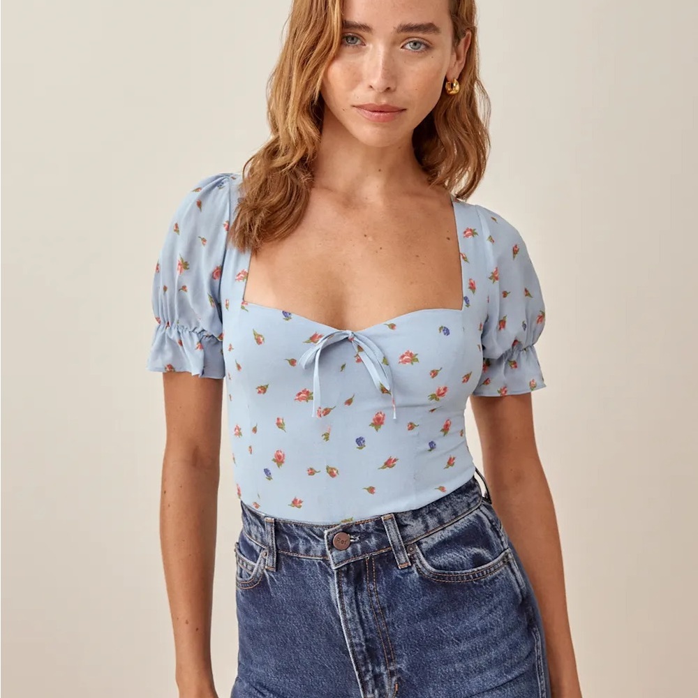 Reformation Delevan Floral Blue Women's Top